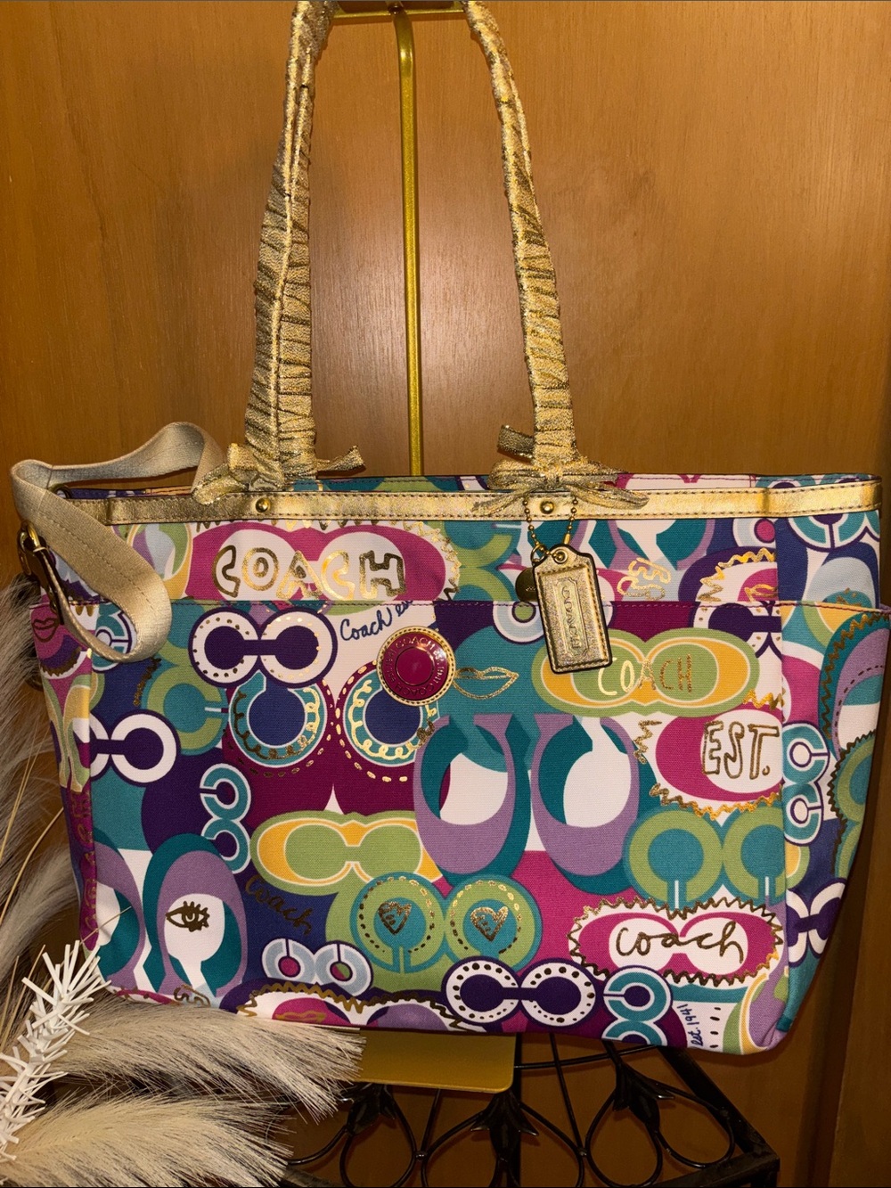 Coach Poppy -F19423 Multicolor Graphic Print Tote /Gold Accents/crossbody strap